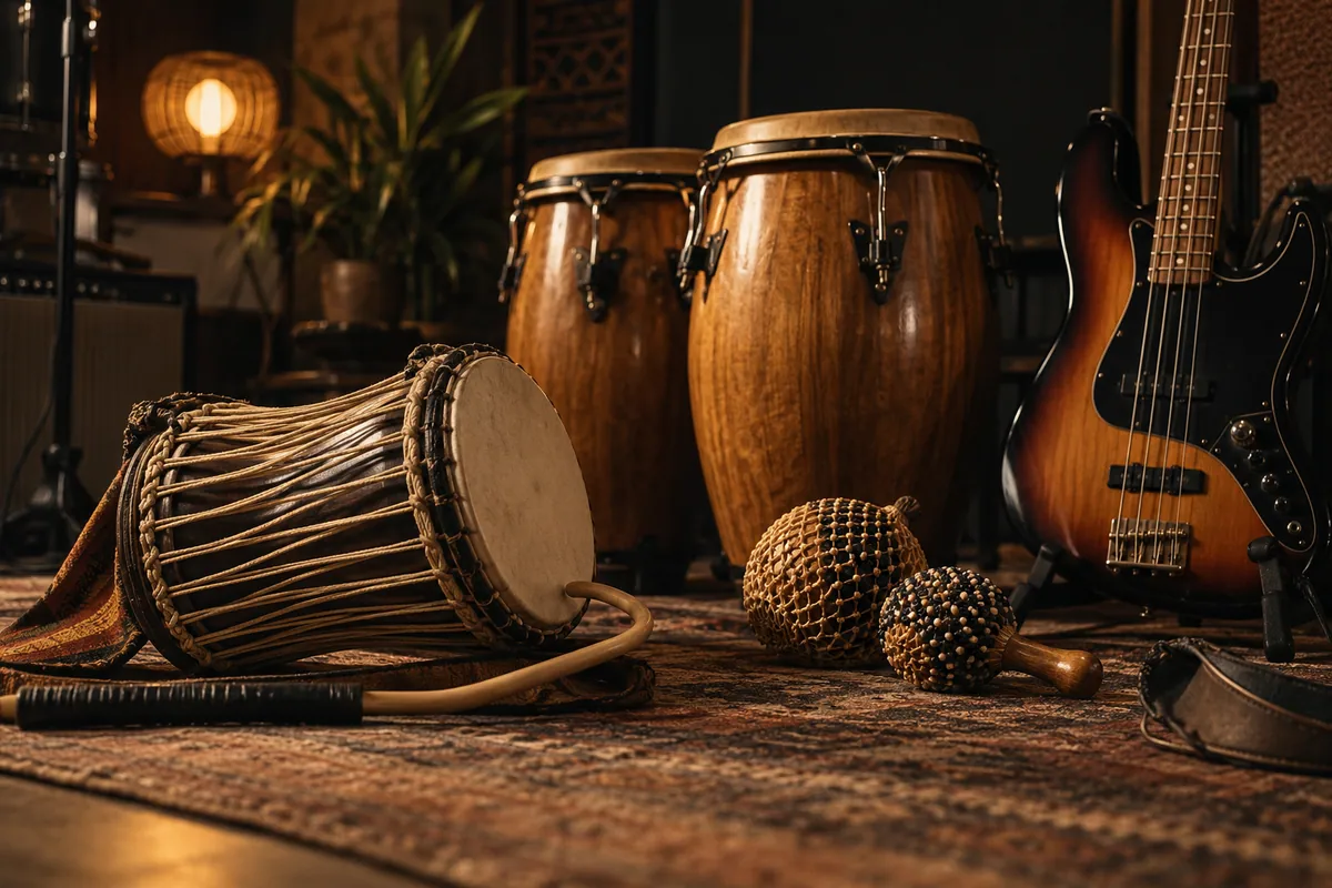 Talking drum, congas, shakers and bass guitar in a rehearsal studio