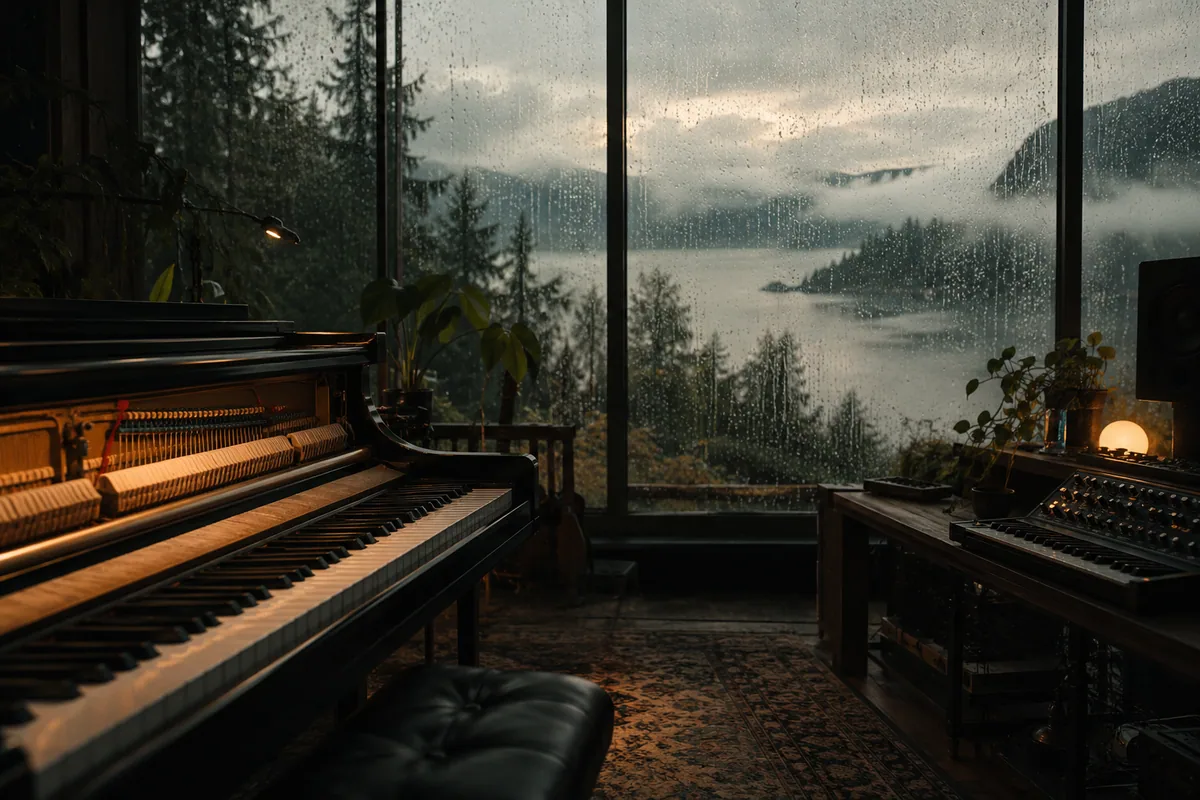 Piano and synthesizer beside a rain-covered studio window