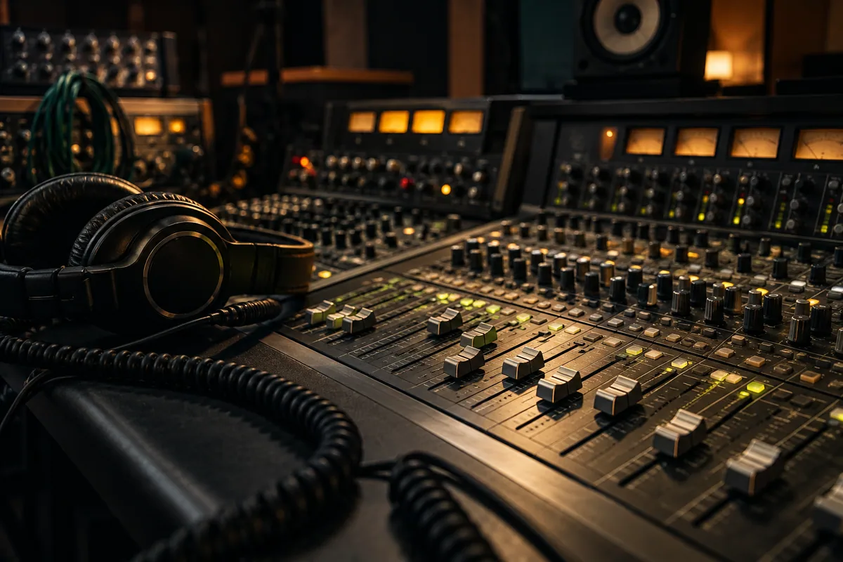 Analog mixing console with separate faders, cables and headphones