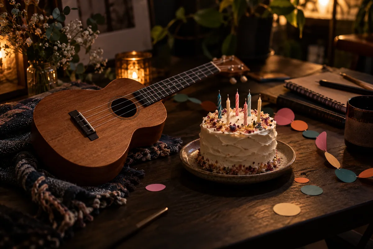 Ukulele and a small birthday cake with candles on a creative desk