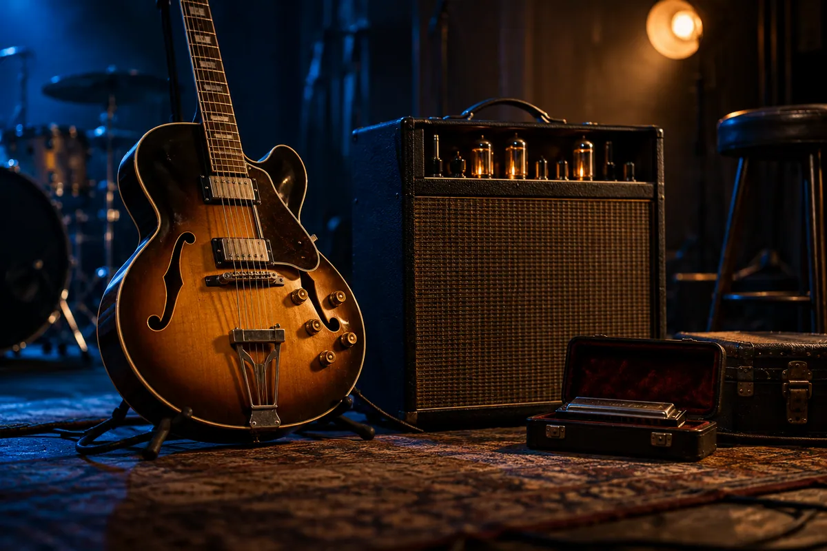 Hollow-body electric guitar and tube amplifier on a blue-lit stage