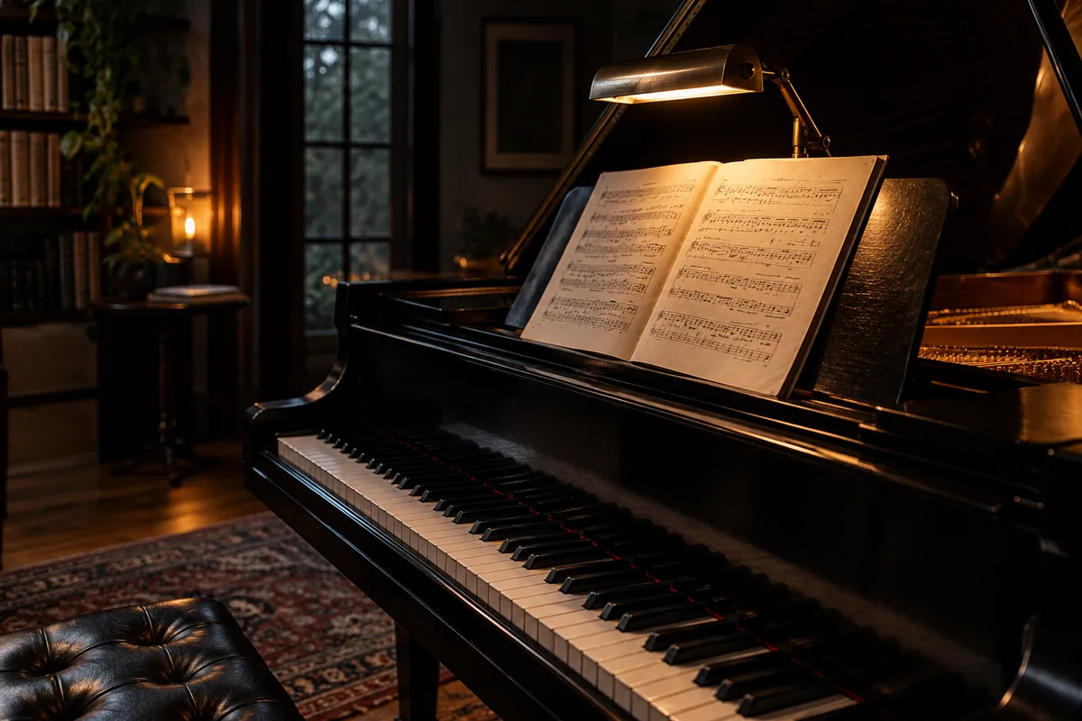 Open music score and a grand piano under a warm reading lamp