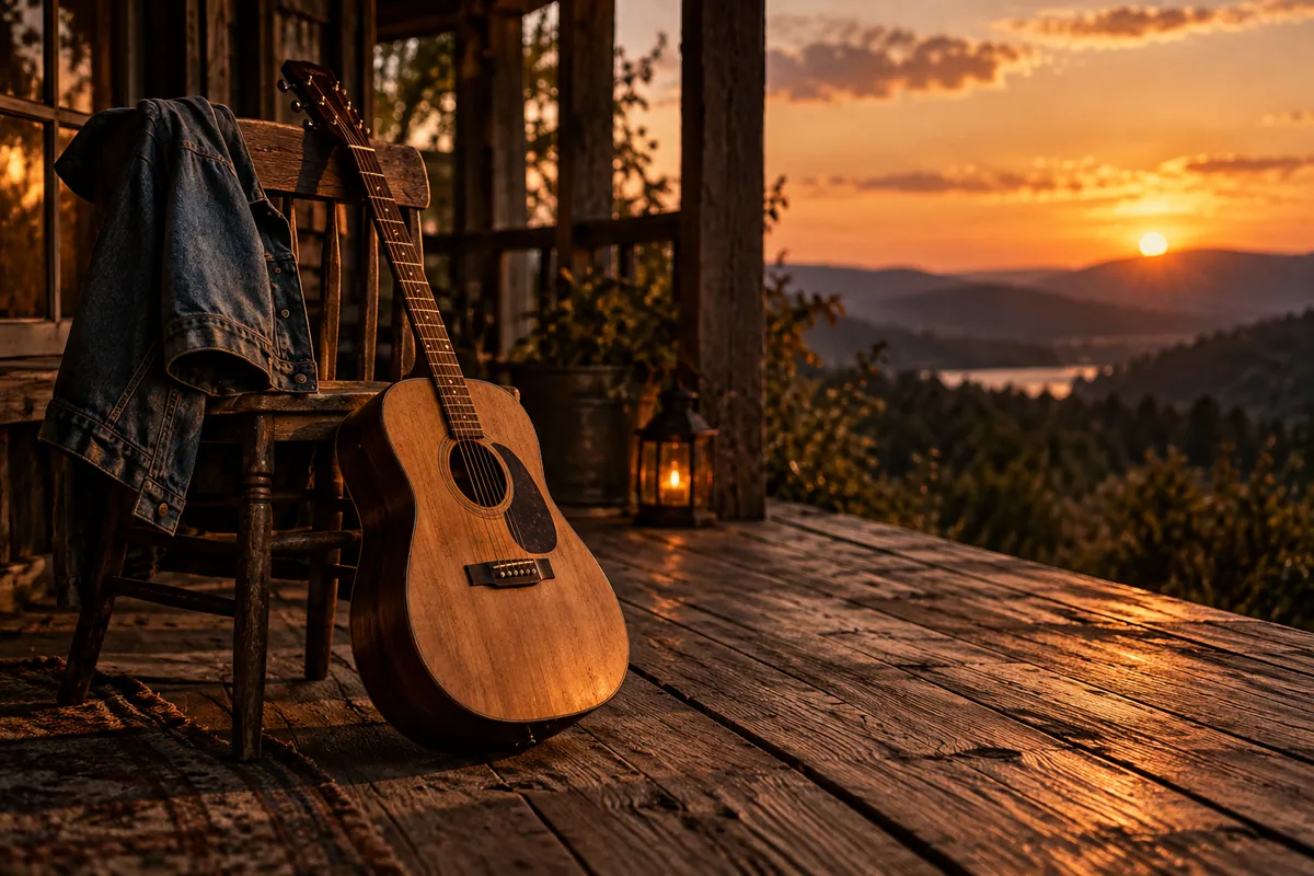 Acoustic guitar and denim jacket on a wooden porch at dusk