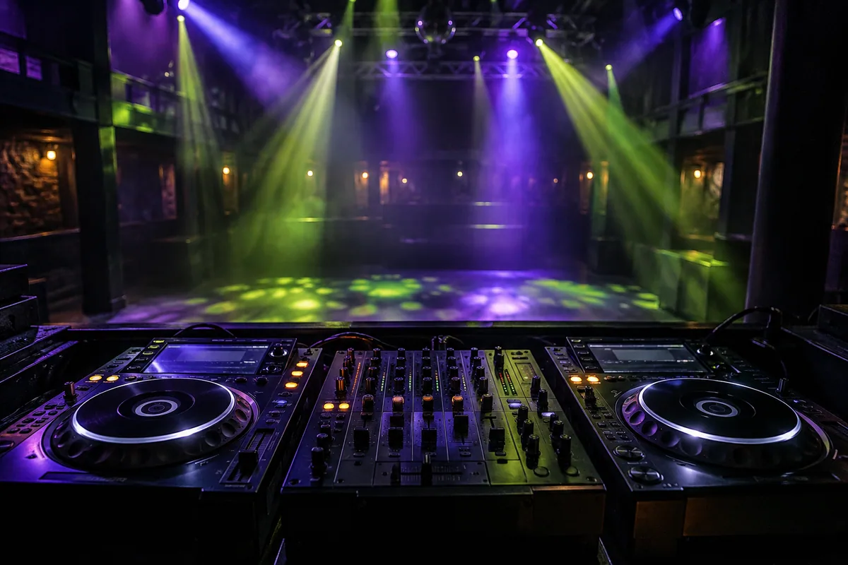 DJ mixer and decks beneath violet and green club lighting