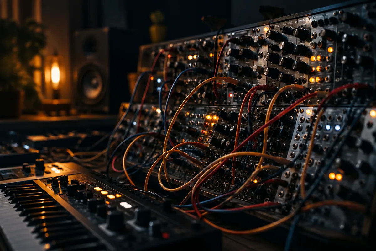 Modular synthesizer with patch cables and illuminated controls