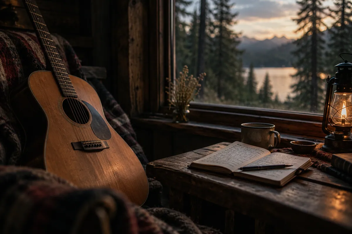Acoustic guitar and notebook beside a quiet cabin window