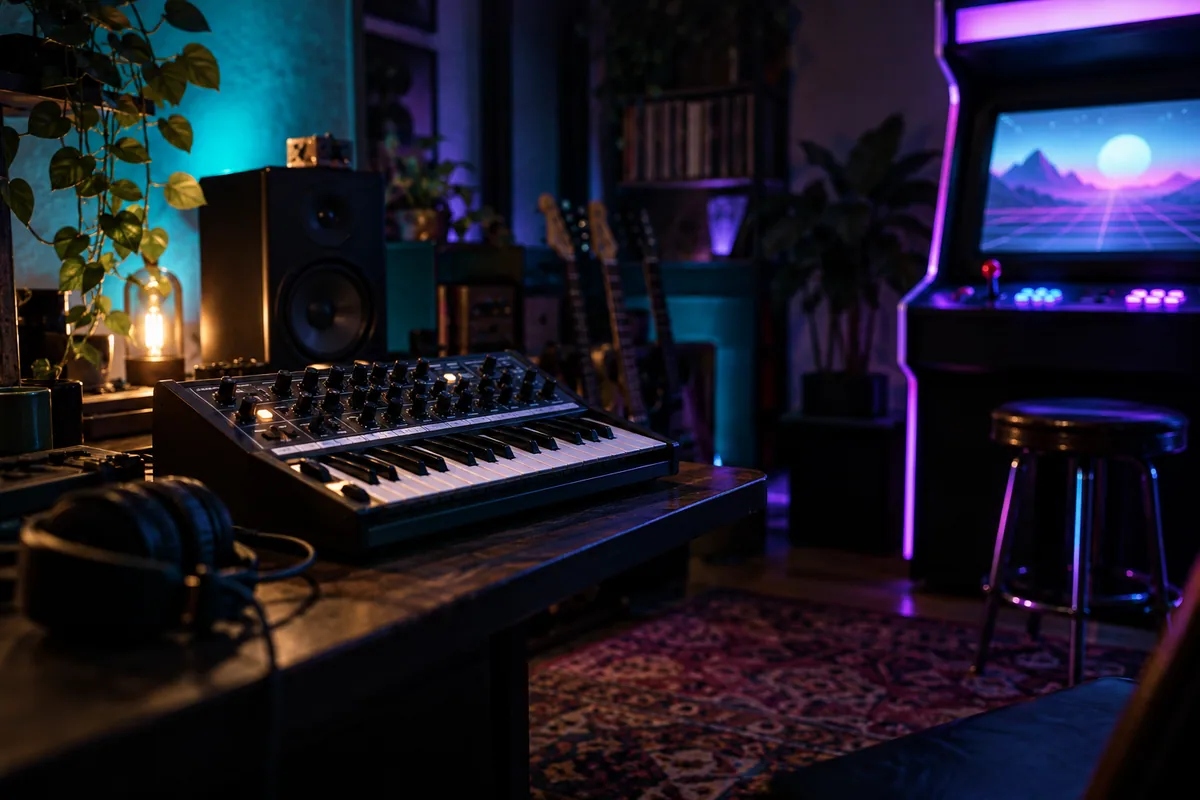 Small synthesizer beside an arcade cabinet in a game music studio