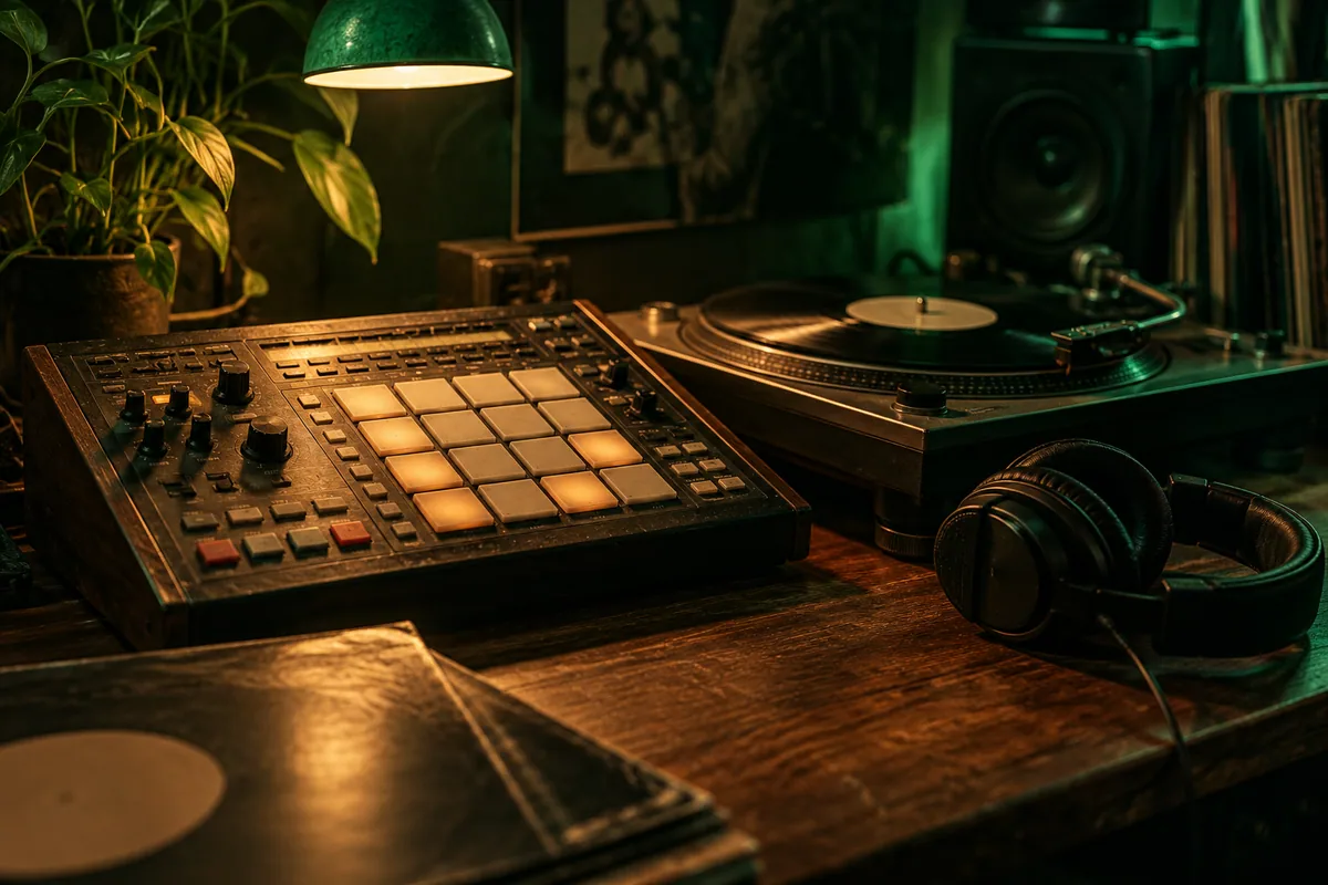 Drum sampler, vinyl turntable and headphones on a producer desk