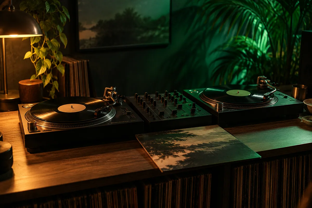 Vinyl turntables, a mixer and a record sleeve on a DJ desk