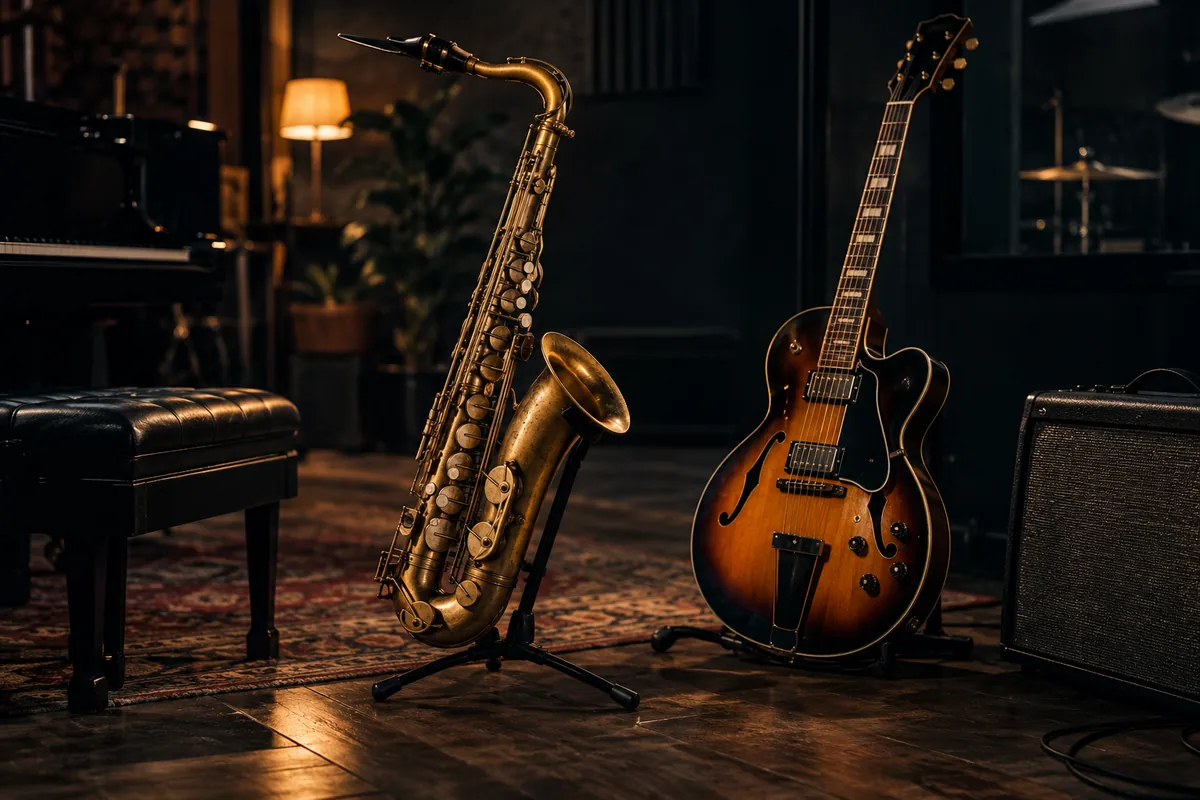 Brass saxophone, jazz guitar and a small amplifier in a studio