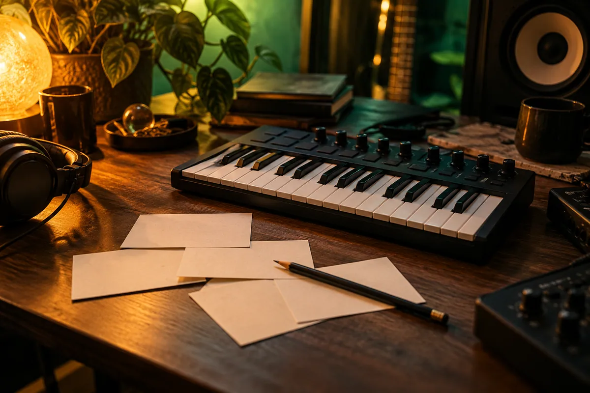 Compact MIDI keyboard and blank storyboard cards on a creative desk