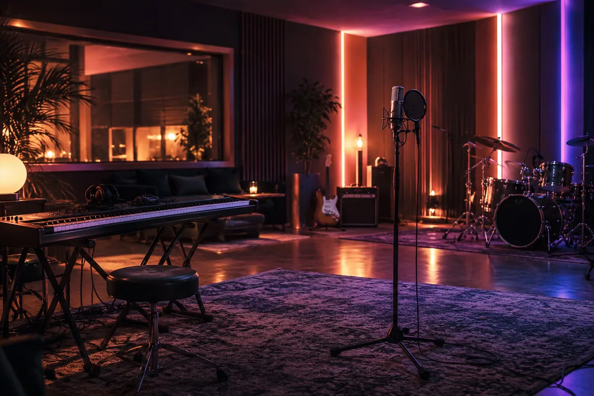 Vocal microphone and synthesizer in a softly colored rehearsal studio