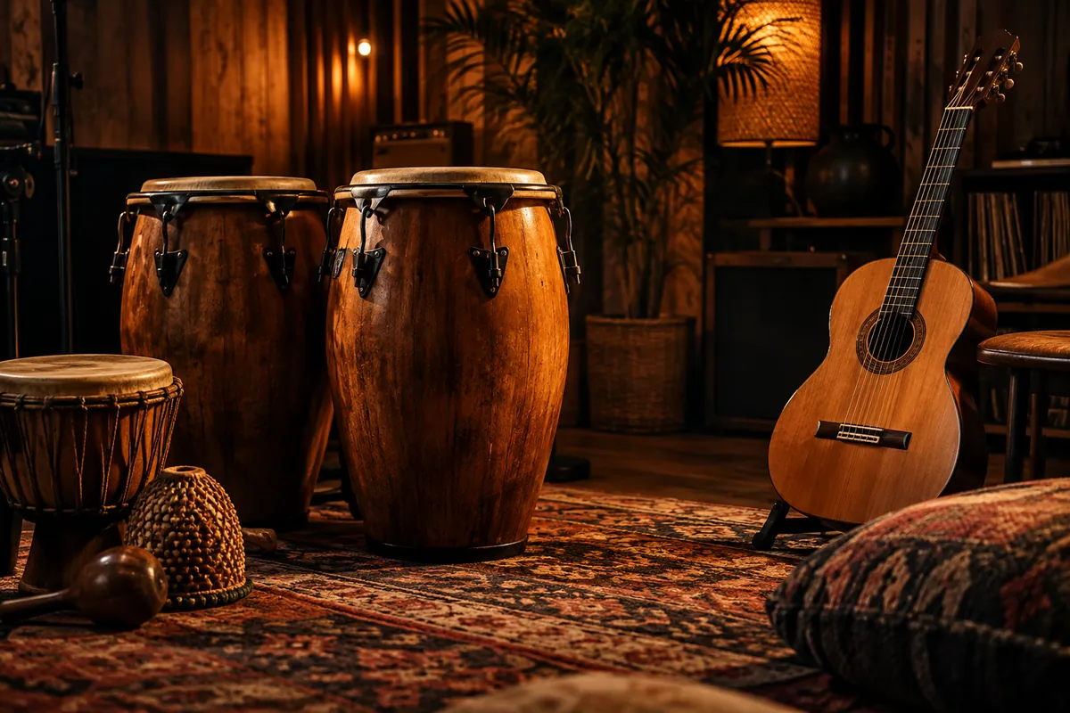 Conga drums and classical guitar in a wood-lined music room