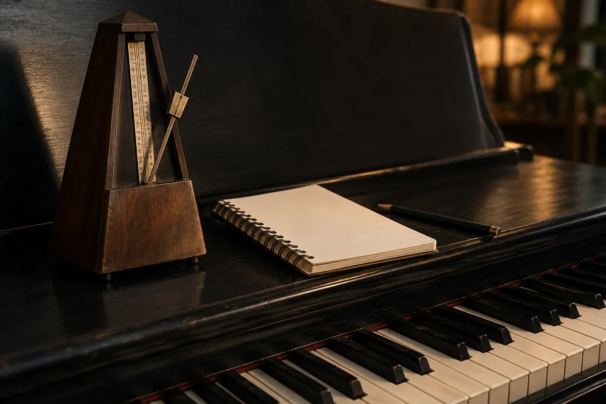 Wooden mechanical metronome beside piano keys and a notepad