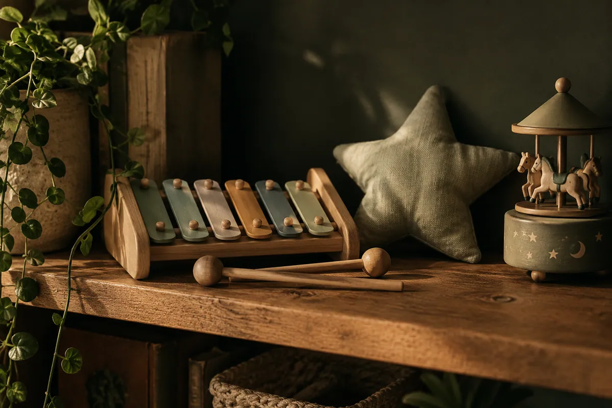 Wooden toy xylophone, fabric star and music box on a shelf