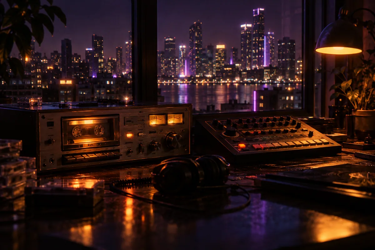Cassette deck and drum machine beside a nighttime city window