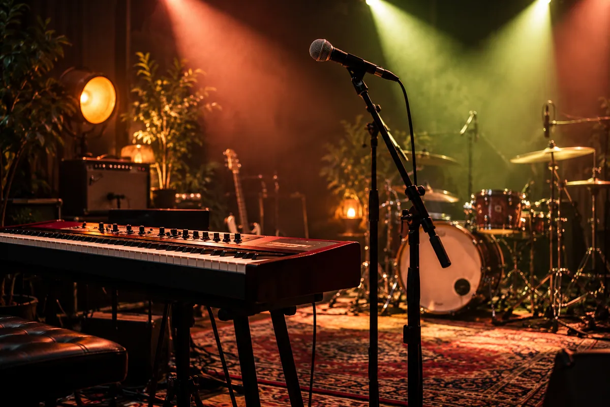 Vocal microphone and keyboard on an empty softly lit pop stage