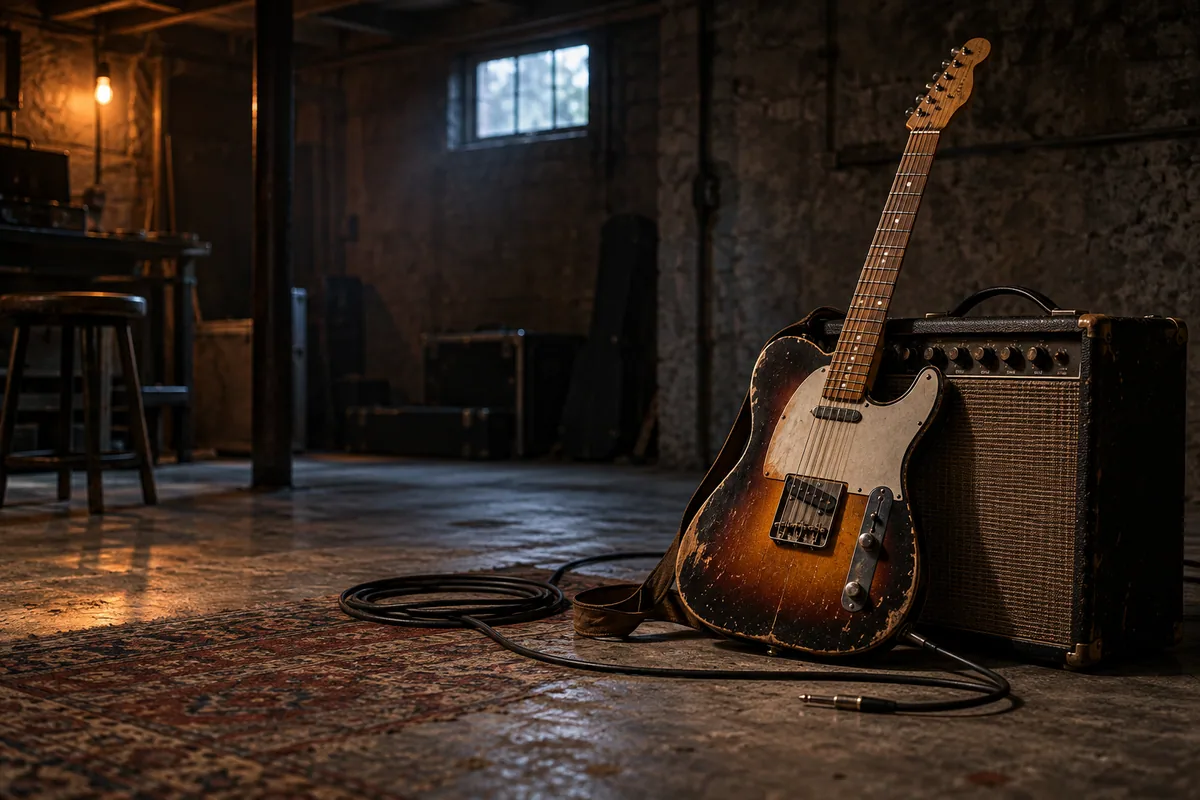 Worn electric guitar, coiled cable and amplifier in a rehearsal basement