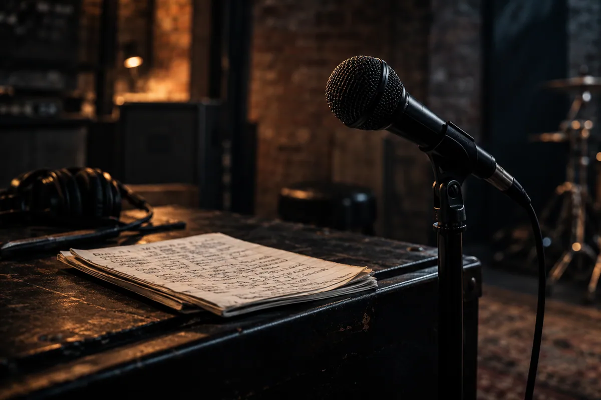 Stage microphone and a handwritten rap notebook in a rehearsal room