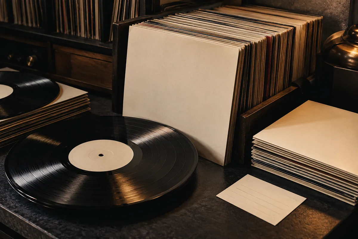 Vinyl records and plain cream sleeves arranged in a music library