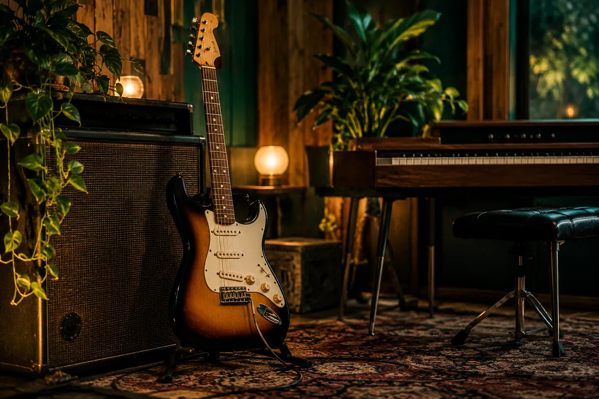 Guitar, bass amplifier and organ keyboard in a warm wood studio