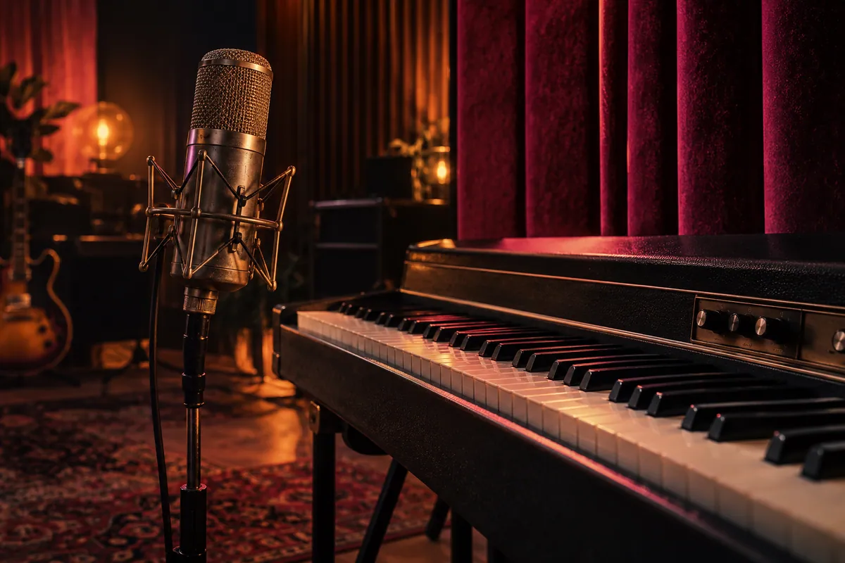 Studio microphone and electric piano keys against acoustic panels