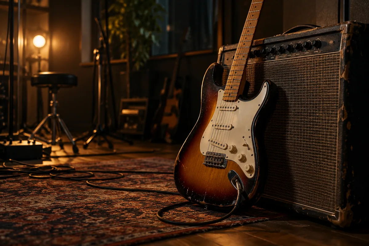 Sunburst electric guitar beside an amplifier in a recording room
