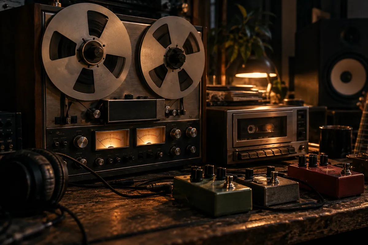 Reel-to-reel recorder, cassette player and effects pedals on a desk