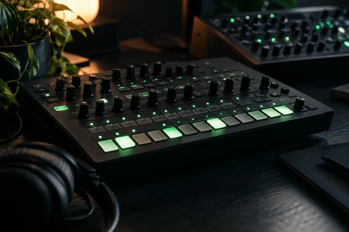 Hardware step sequencer and drum machine with green indicator lights