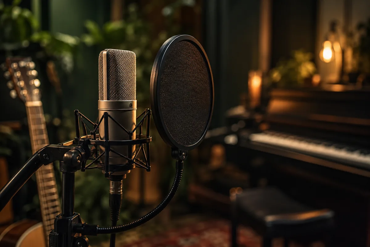 Condenser microphone and pop filter in a softly lit studio with a guitar and piano in the background